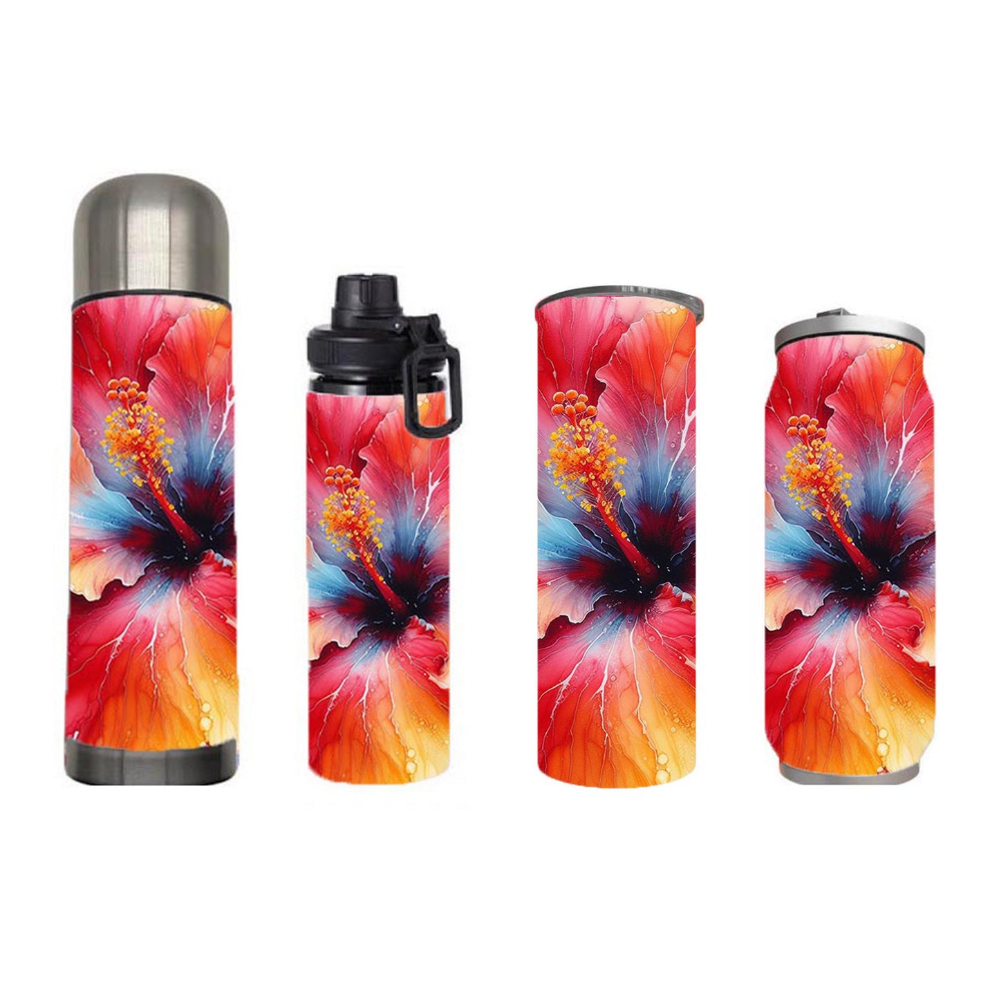Flowers - Alcohol Ink Hibiscus Flower Design on Tumbler, Can, Flask, or Water bottle