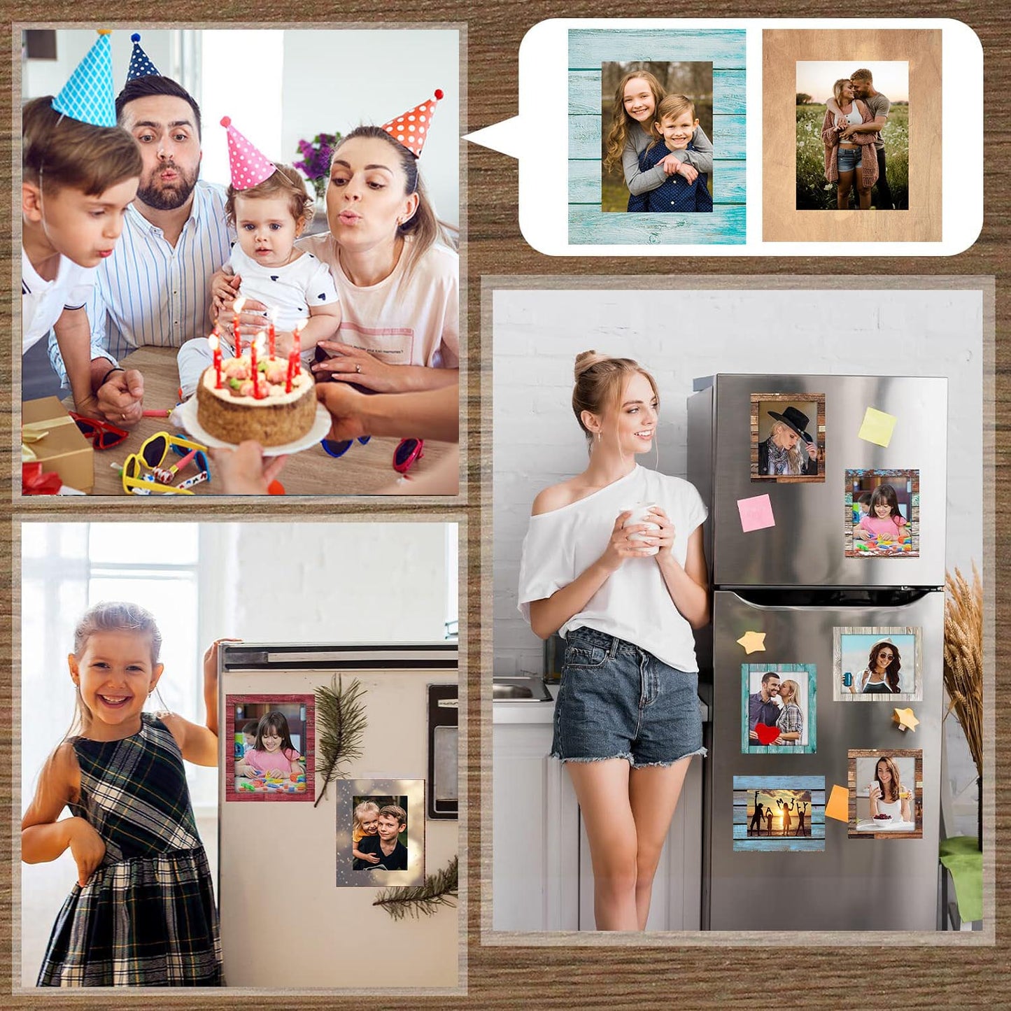 Magnetic Photo Frames for Fridge- Blue Wood (Pack of 4)