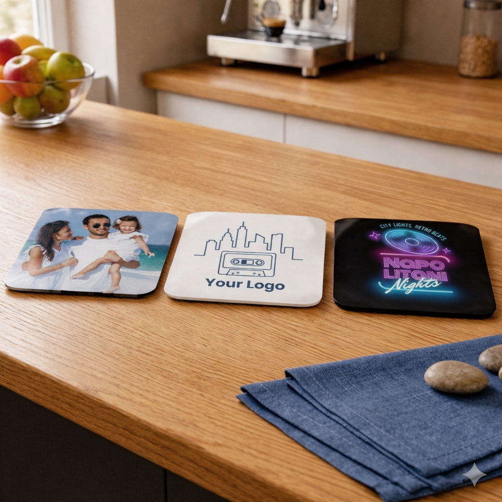 Personalised Premium Square PU Coasters – Custom Printed Photo or Logo (Sets of 4, 6, 8 or 12)