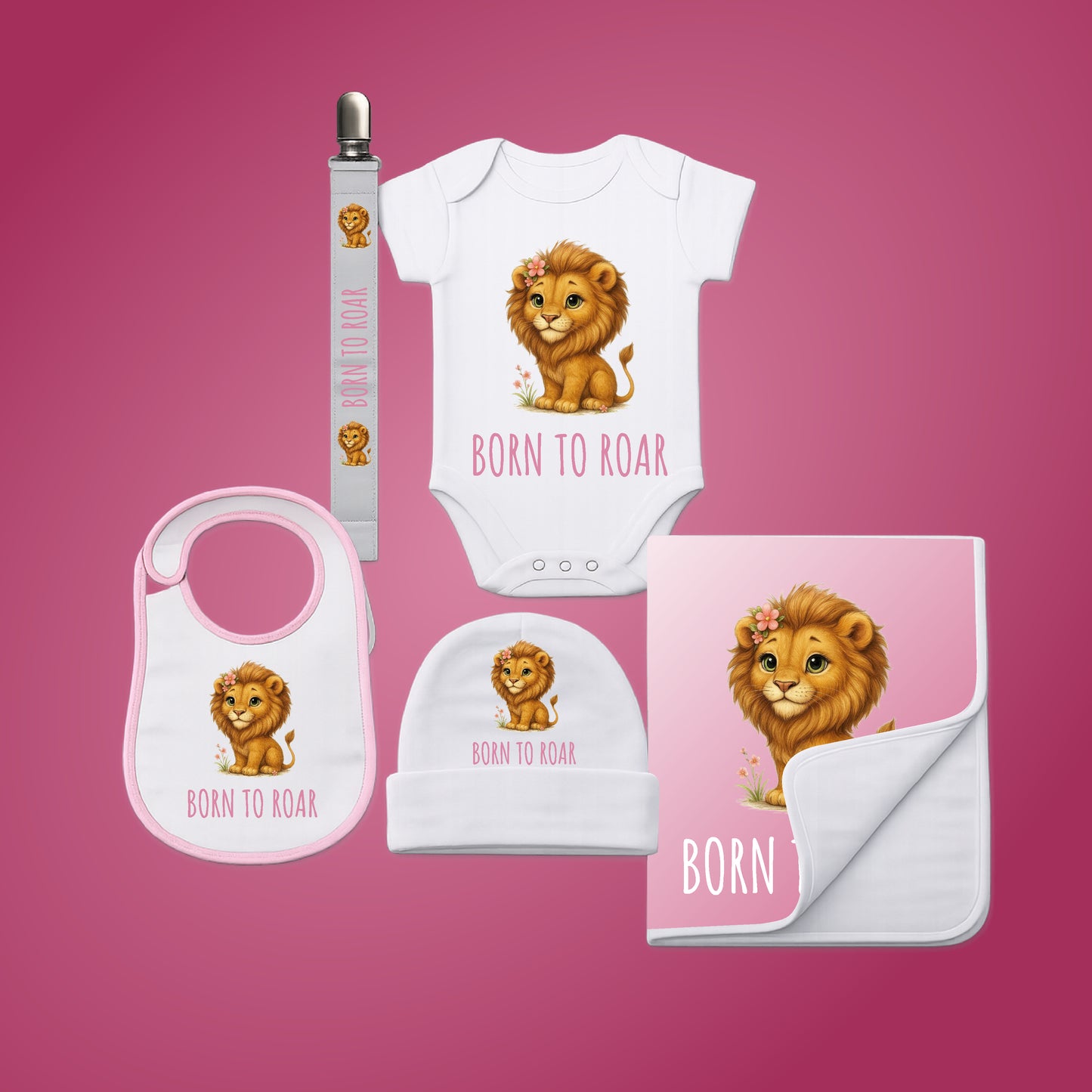 Personalised Baby Shower Gift Set – 5 Piece Safari Animal Newborn Bundle