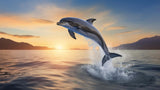 Dolphin jumping out of the water at sunset