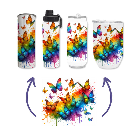 Butterflies - Rainbow Design on Tumbler, Can, Flask, or Water bottle