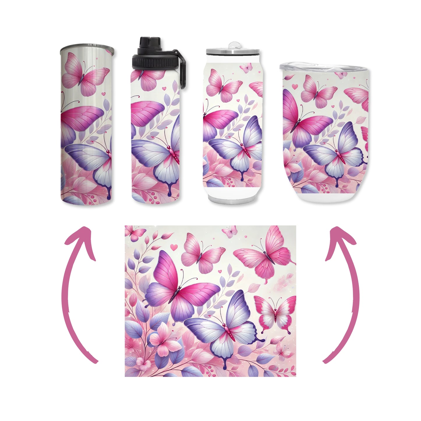 Butterflies - Soft Pink Design on Tumbler, Can, Gin Tumbler, or Water bottle