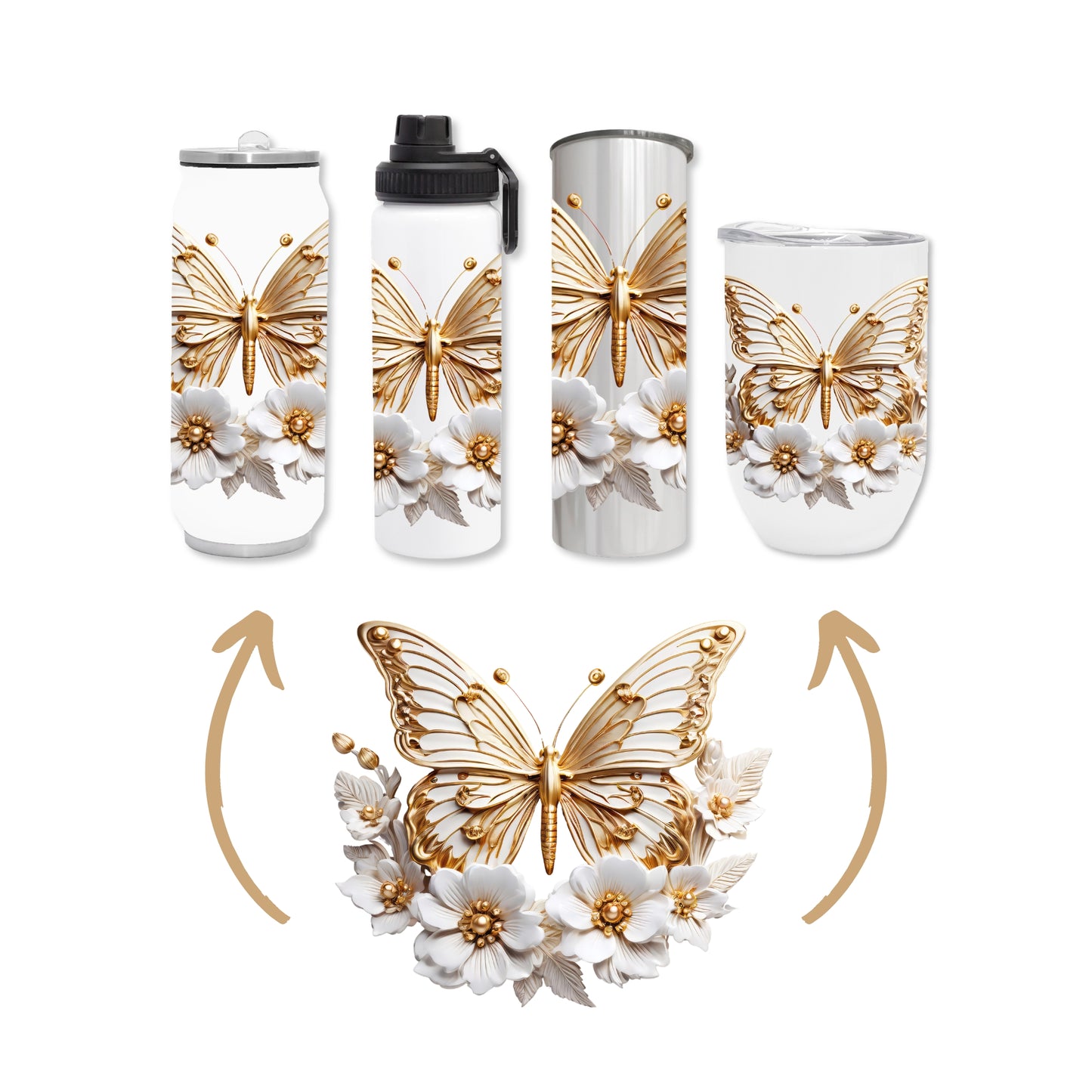 Butterflies - Gold Design on Tumbler, Can, Gin Tumbler, or Water bottle