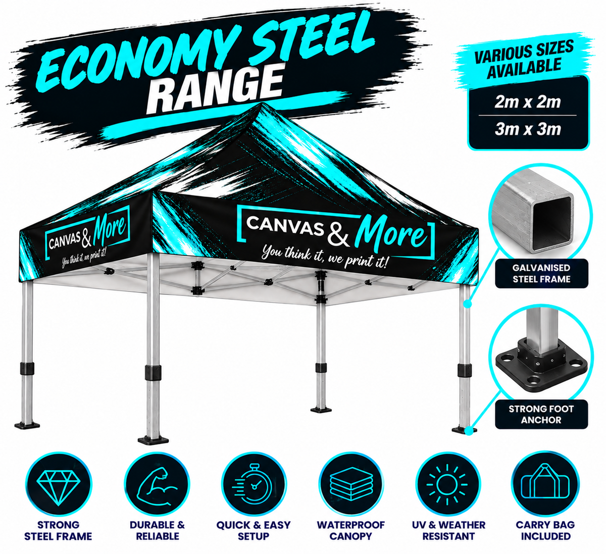 Custom Printed Pop-Up Gazebo – Economy Steel Range (Complete Kit)