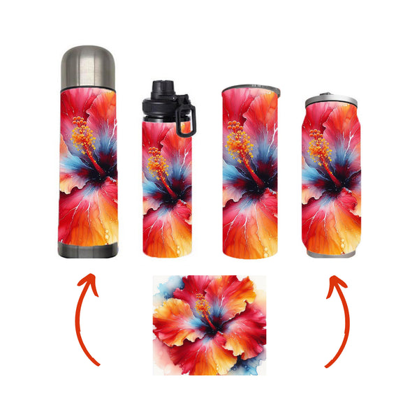 Flowers - Alcohol Ink Hibiscus Flower Design on Tumbler, Can, Flask, or Water bottle