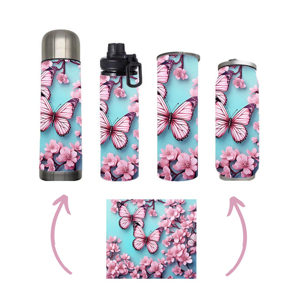 Butterflies - Pink and Baby Blue Design on Tumbler, Can, Flask, or Water bottle