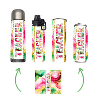 Teacher - Pink Green Alcohol Ink Teacher Design on Tumbler, Can, Flask, or Water bottle