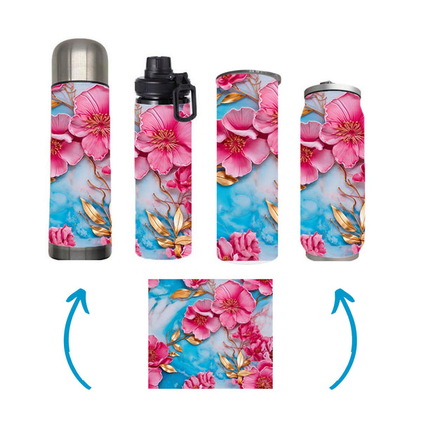 Flowers - 3D Pink Flower Design on Tumbler, Can, Flask, or Water bottle