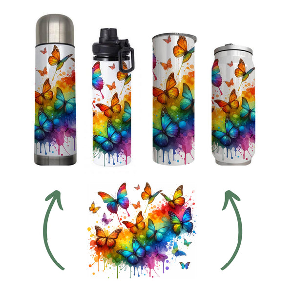 Butterflies - Rainbow Design on Tumbler, Can, Flask, or Water bottle