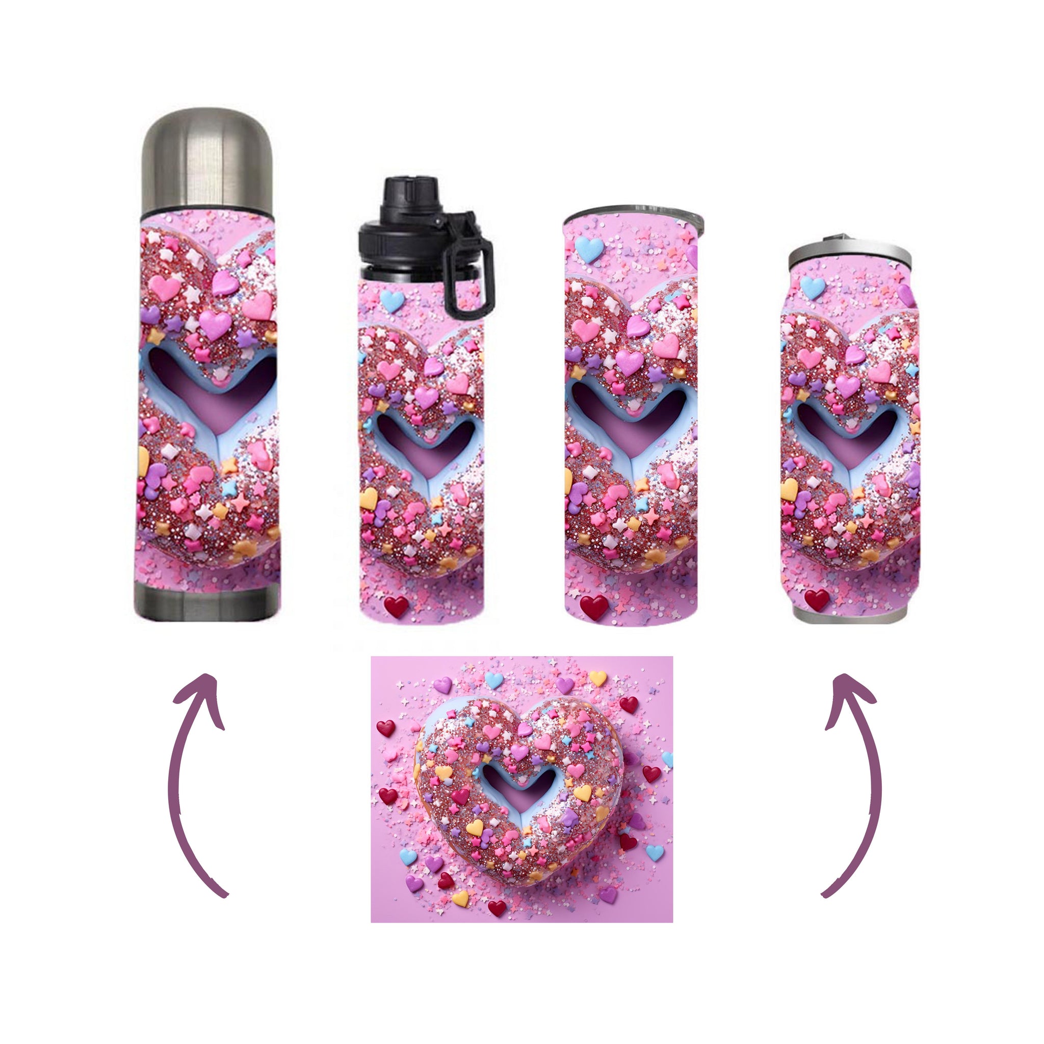 Valentine - 3D Valentine Heart Donut Design on Tumbler, Can, Flask, or Water bottle