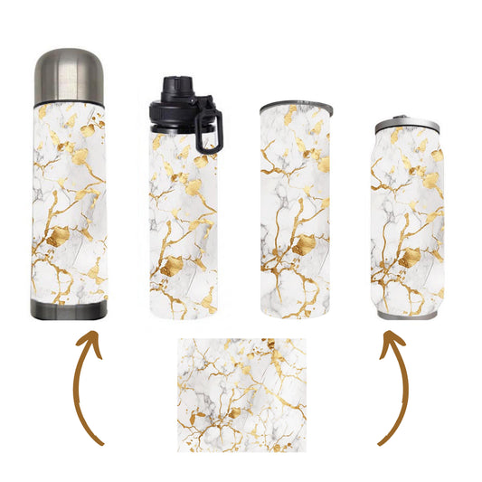 Marble - White and Gold Marble Design on Tumbler, Can, Flask, or Water bottle