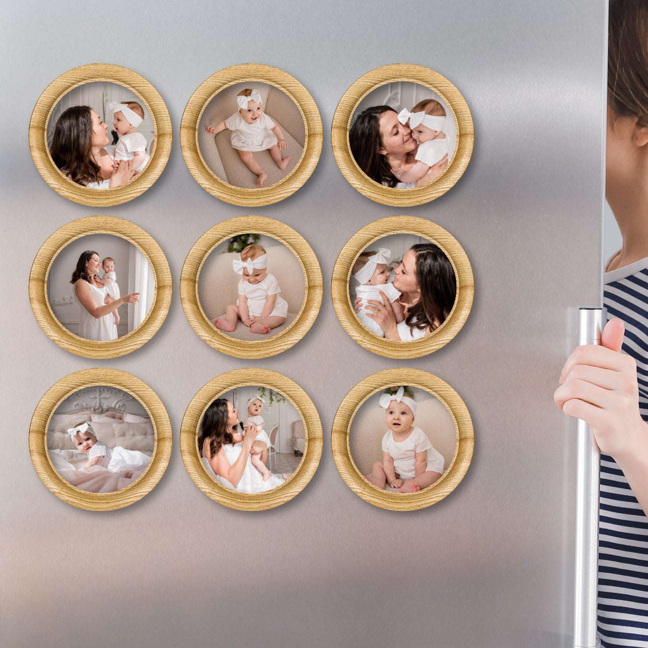 Round Virtual Framed Photo Magnets Set of 9 (Light Wood Look-alike ...