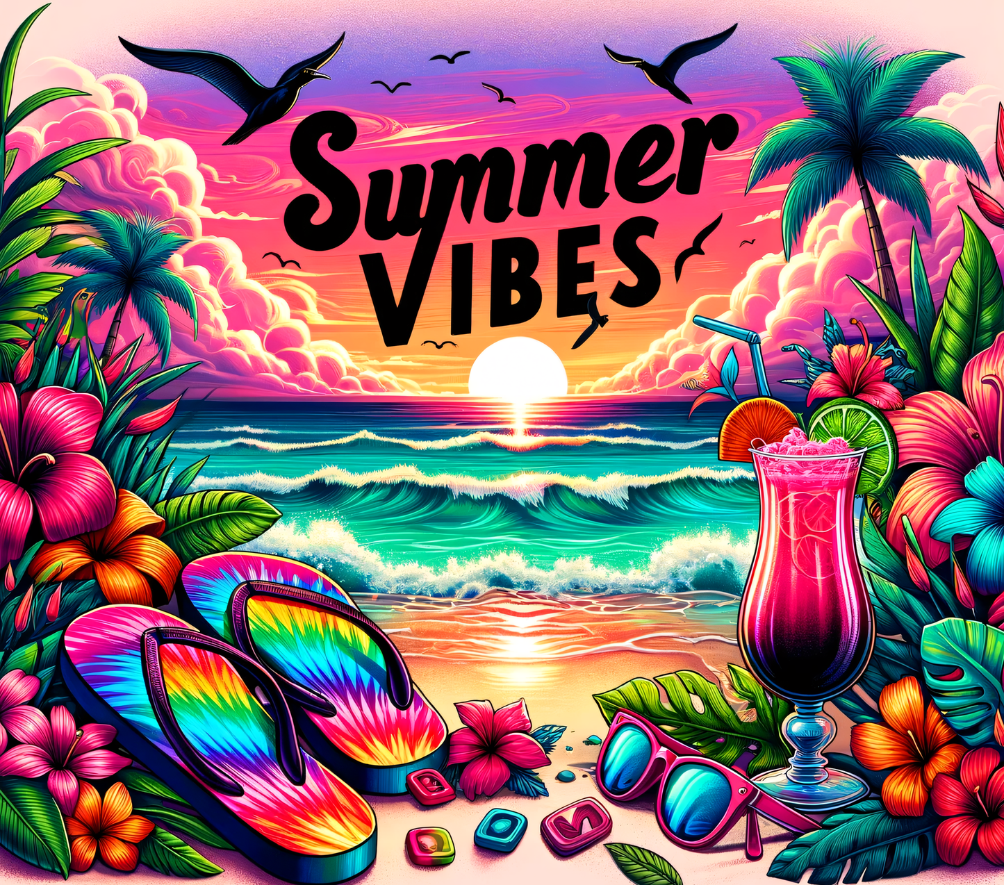 Summer - Colorful Summer Vibes Design on Tumbler, Can, Flask, or Water bottle