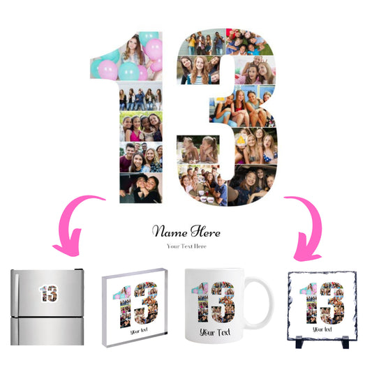 Personalised Number Photo Collage on Acrylic, Slate, Mug or Magnet (14 Photos) 13th BIRTHDAY (Copy)