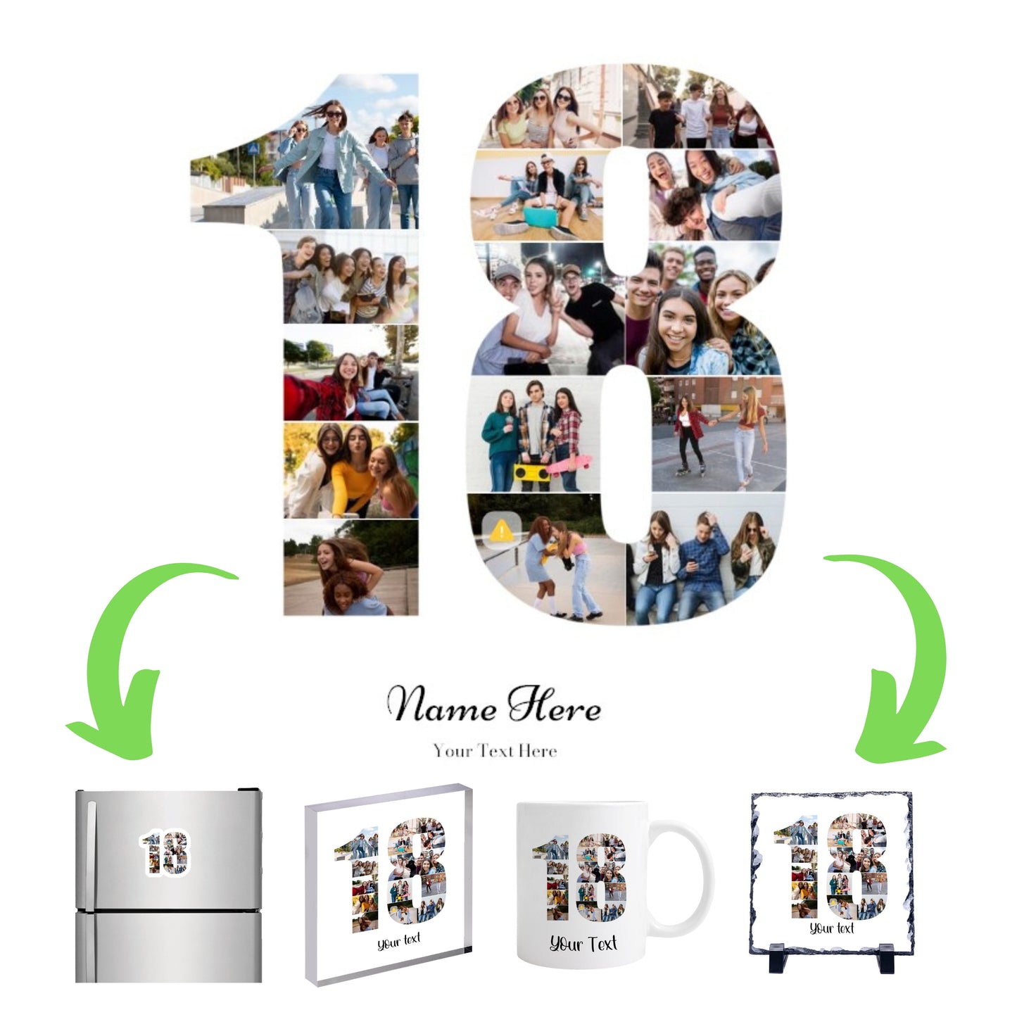 Personalised Number Photo Collage on Acrylic, Slate, Mug or Magnet (15 Photos) 18th BIRTHDAY