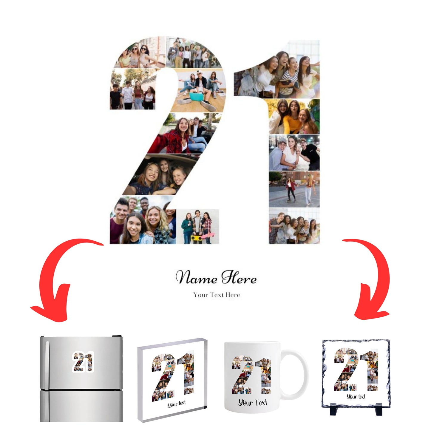 Personalised Number Photo Collage on Acrylic, Slate, Mug or Magnet (13 Photos) 21st BIRTHDAY