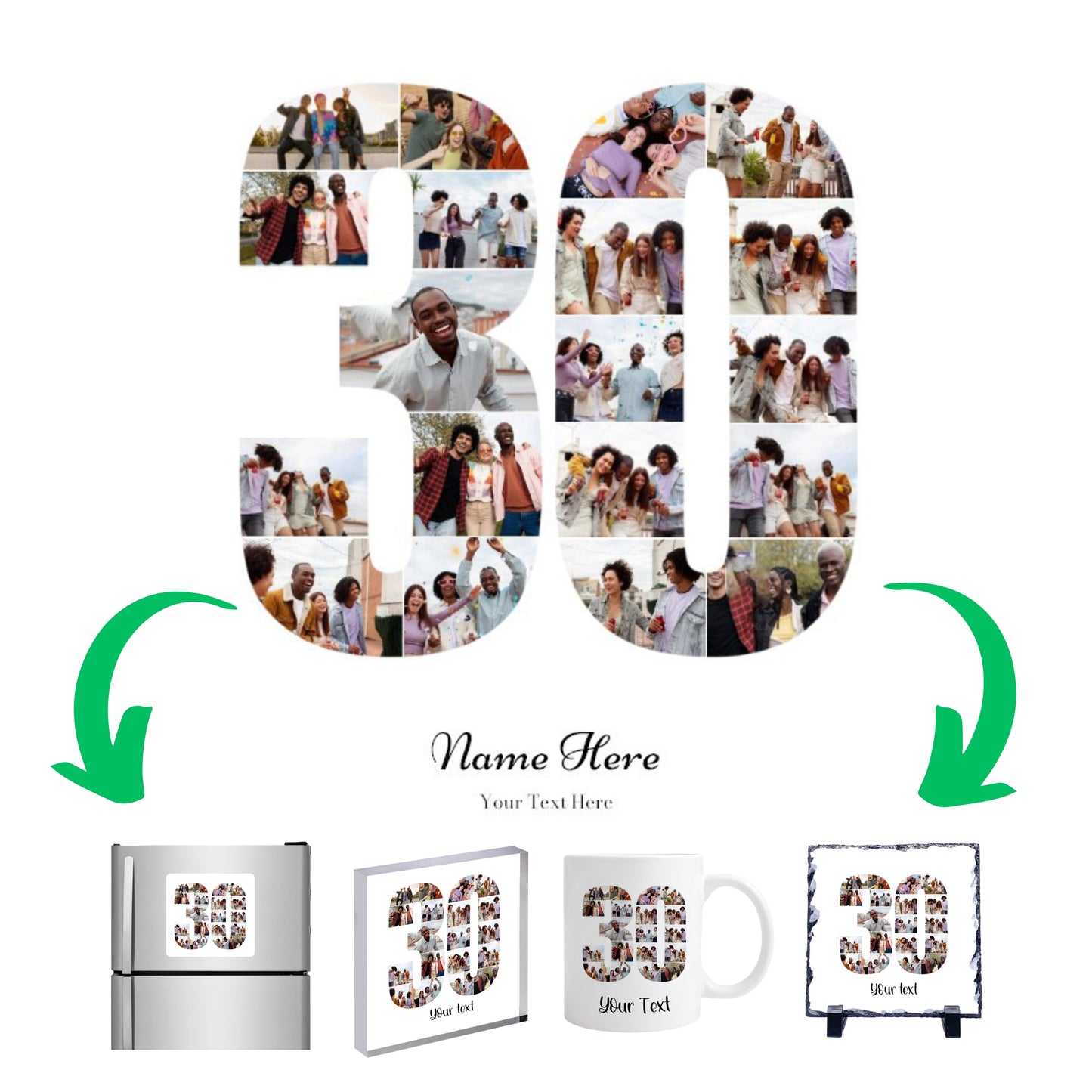 Personalised Number Photo Collage on Acrylic, Slate, Mug or Magnet (19 Photos) 30th BIRTHDAY