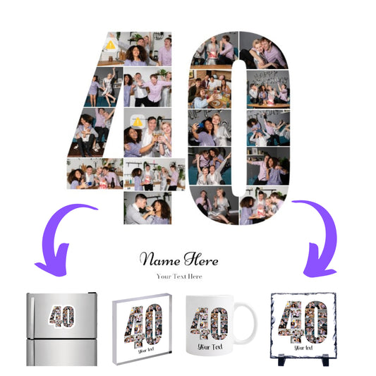 Personalised Number Photo Collage on Acrylic, Slate, Mug or Magnet (18 Photos) 40th BIRTHDAY