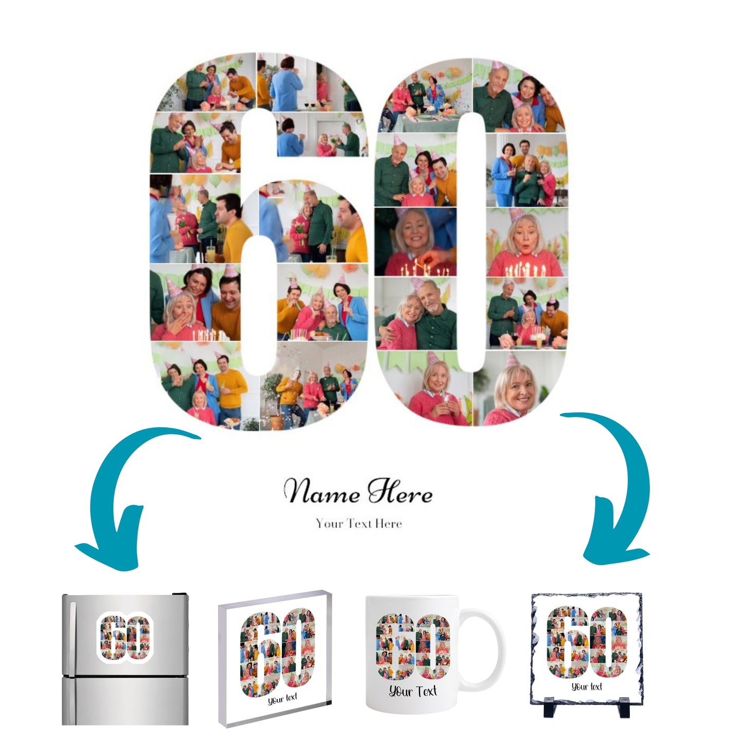 Personalised Number Photo Collage on Acrylic, Slate, Mug or Magnet (20 Photos) 60th BIRTHDAY