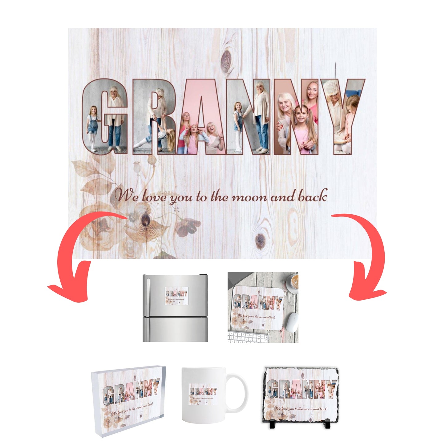 Granny Photo Collage on Acrylic, Mouse pad, Slate, Mug or Magnet