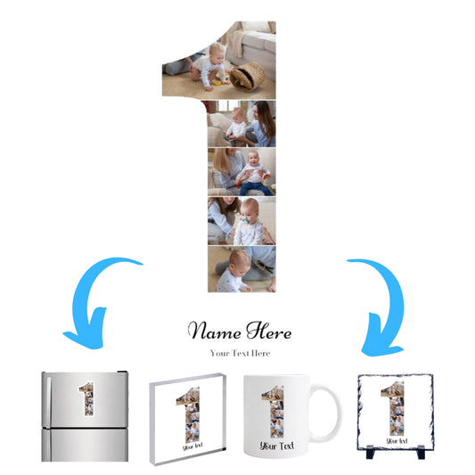 Personalised Number Photo Collage on Acrylic, Slate, Mug or Magnet (5 Photos) 1st BIRTHDAY