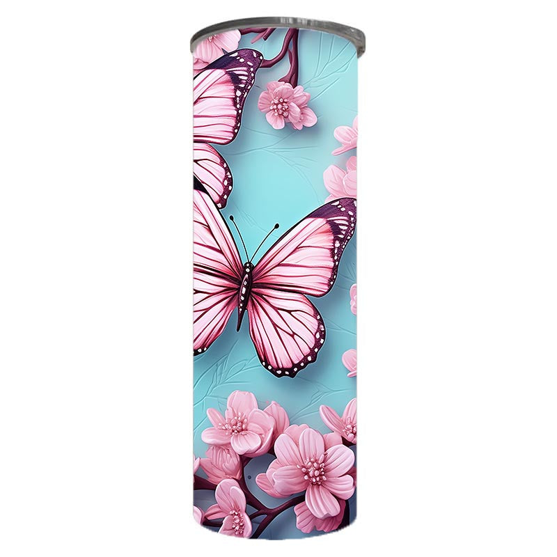 Butterflies - Pink and Baby Blue Design on Tumbler, Can, Flask, or Water bottle