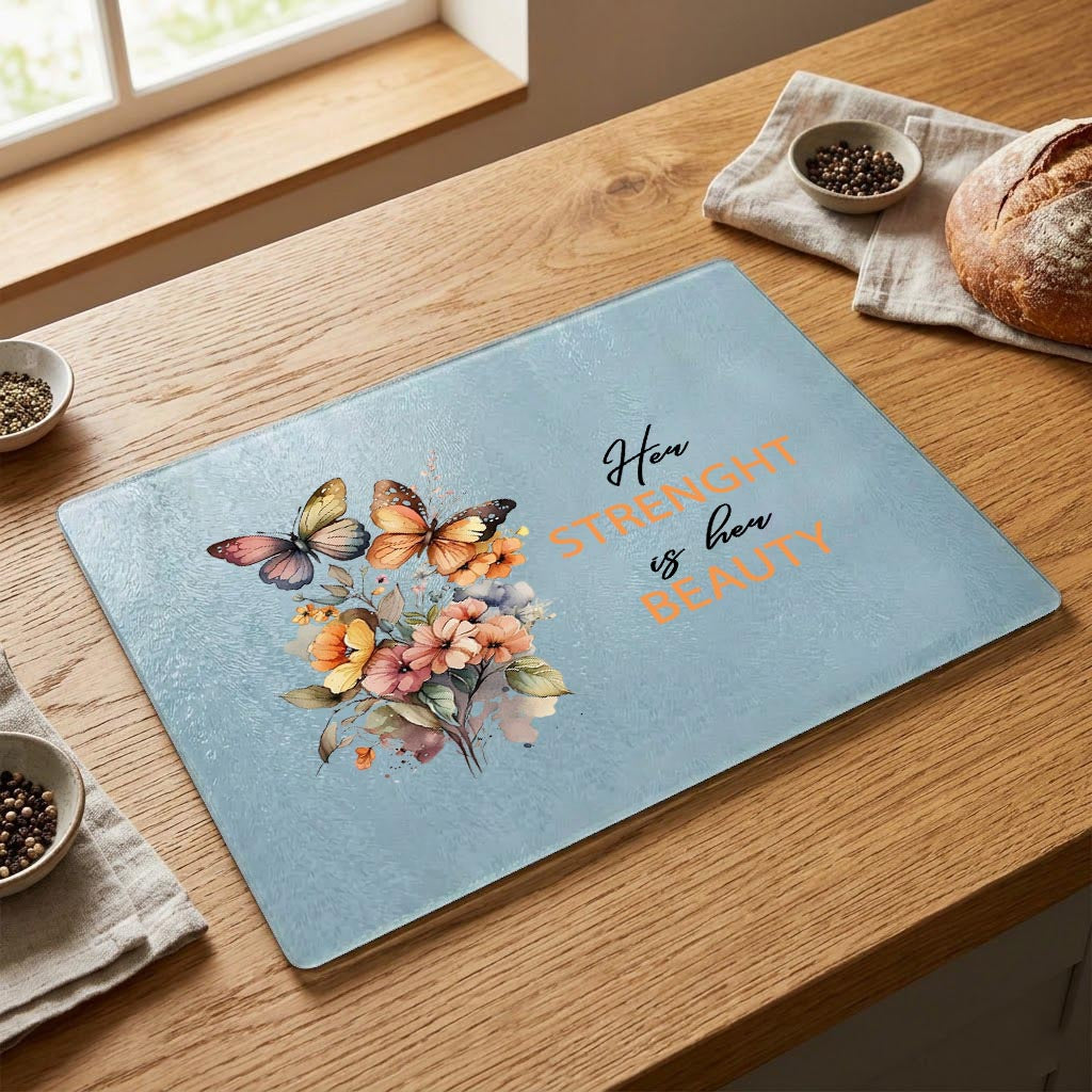Her Strenght is her beauty - Personalised Glass Cutting Board