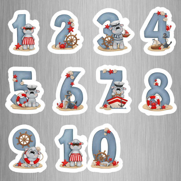 Hippo Sailor Theme Numbers Photo Fridge Magnets - (11 PER PACK)