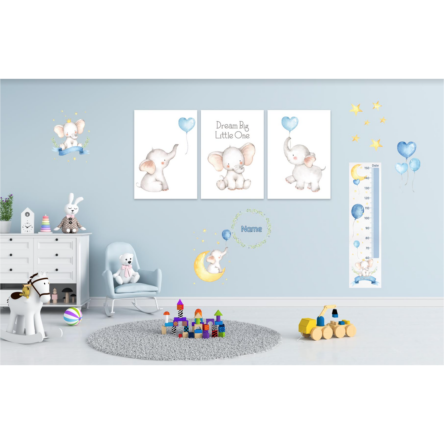 Baby Boy Elephants Sets - Canvas Set Decal & Height Chart