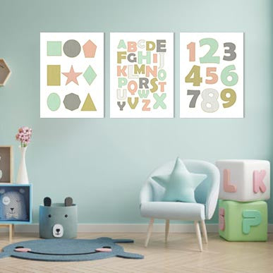 Unisex:  Set of 3 - Educational ABC, Shapes and Numbers