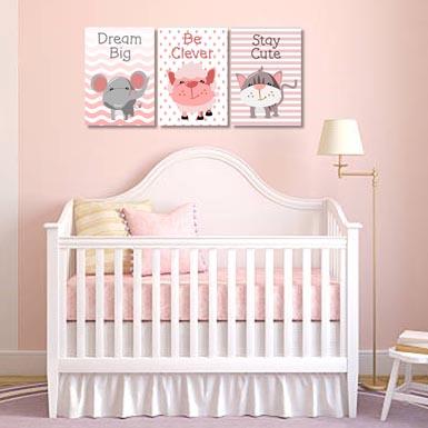 Girls: Set of 3 - Dream Big Elephant - Be Clever Sheet - Stay Cute Cat Canvas & More 