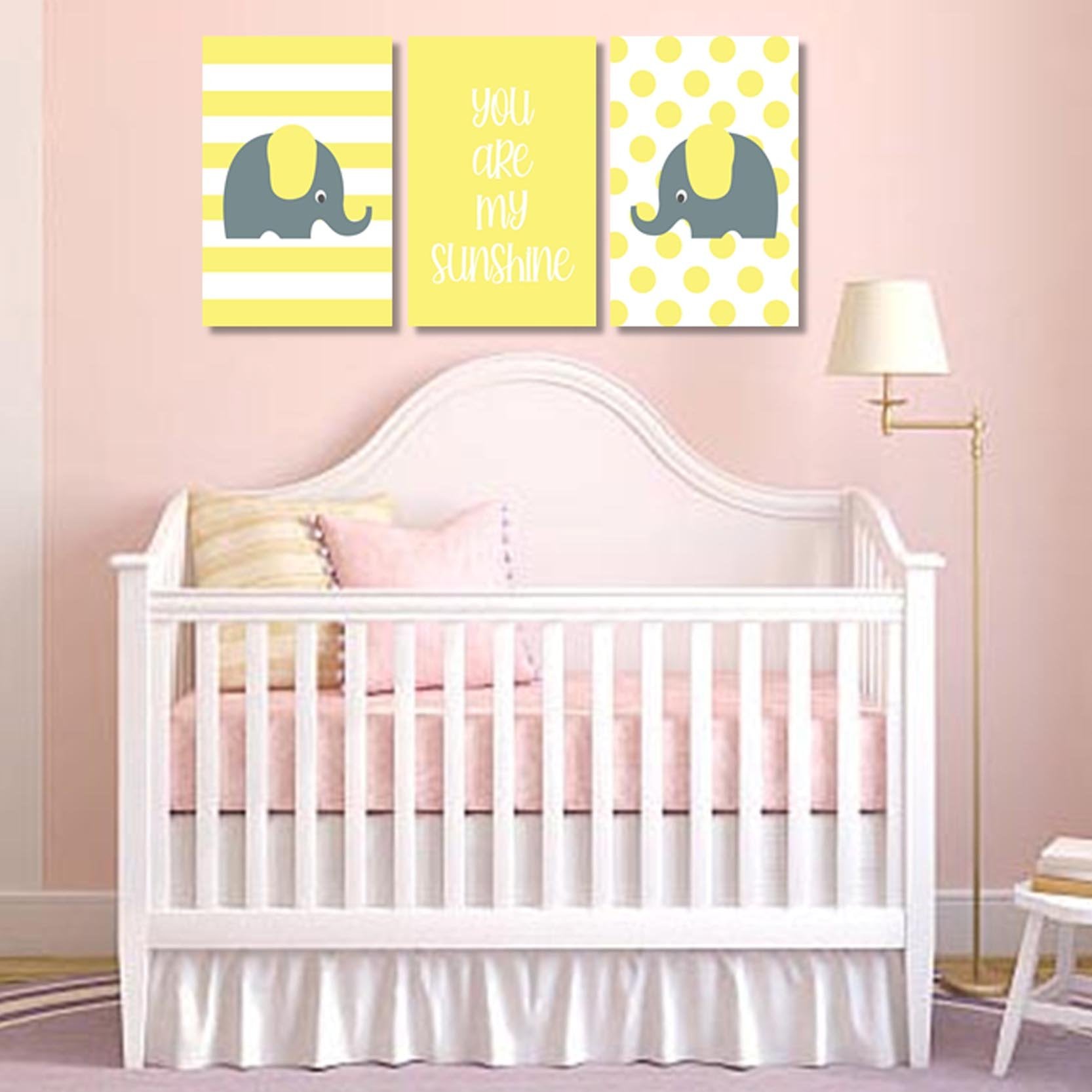 Girls: Set of 3 - Yellow Grey elephant Canvas & More 