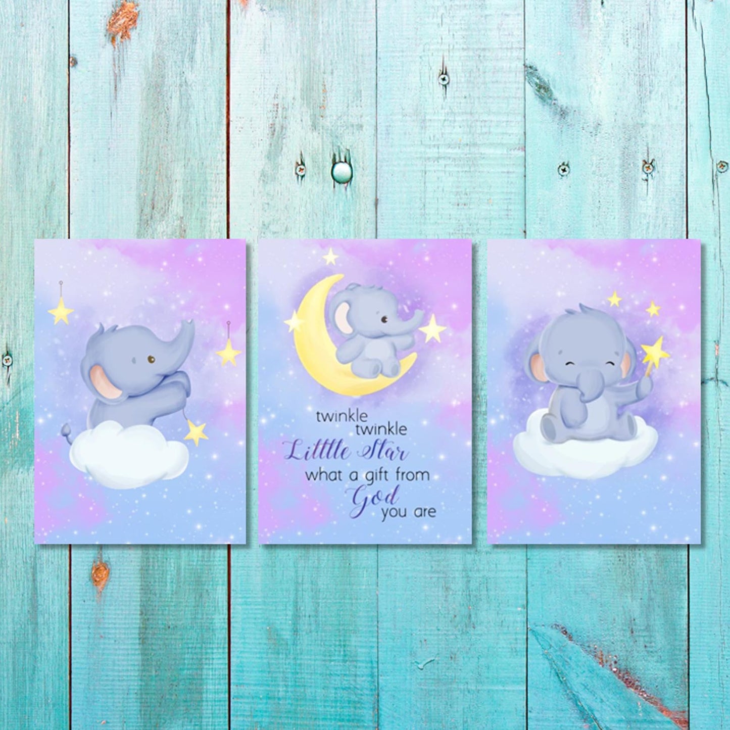 Girls: Set of 3 - Baby elephant on the moon Canvas & More 