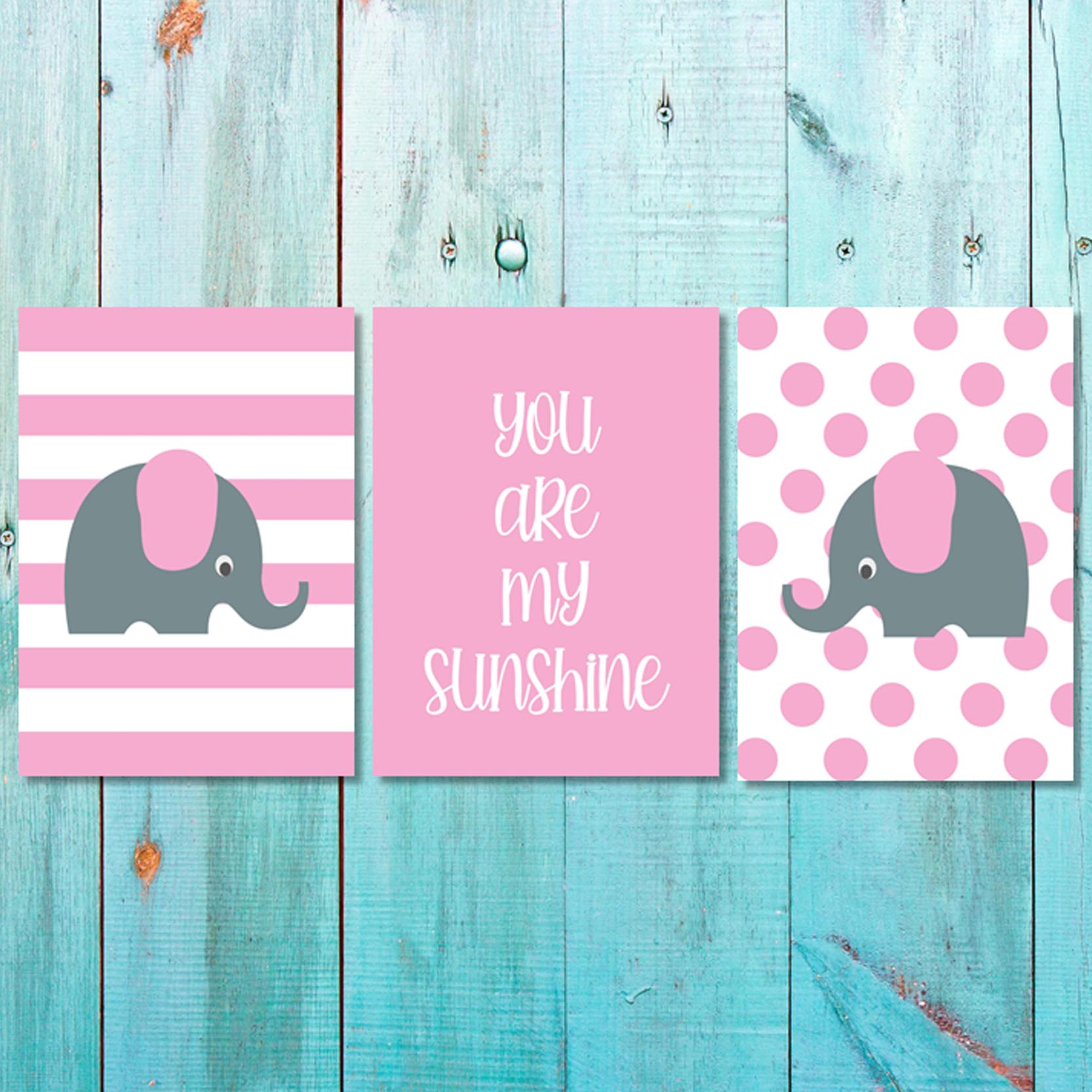 Girls: Set of 3 - Pink Grey elephant Canvas & More 