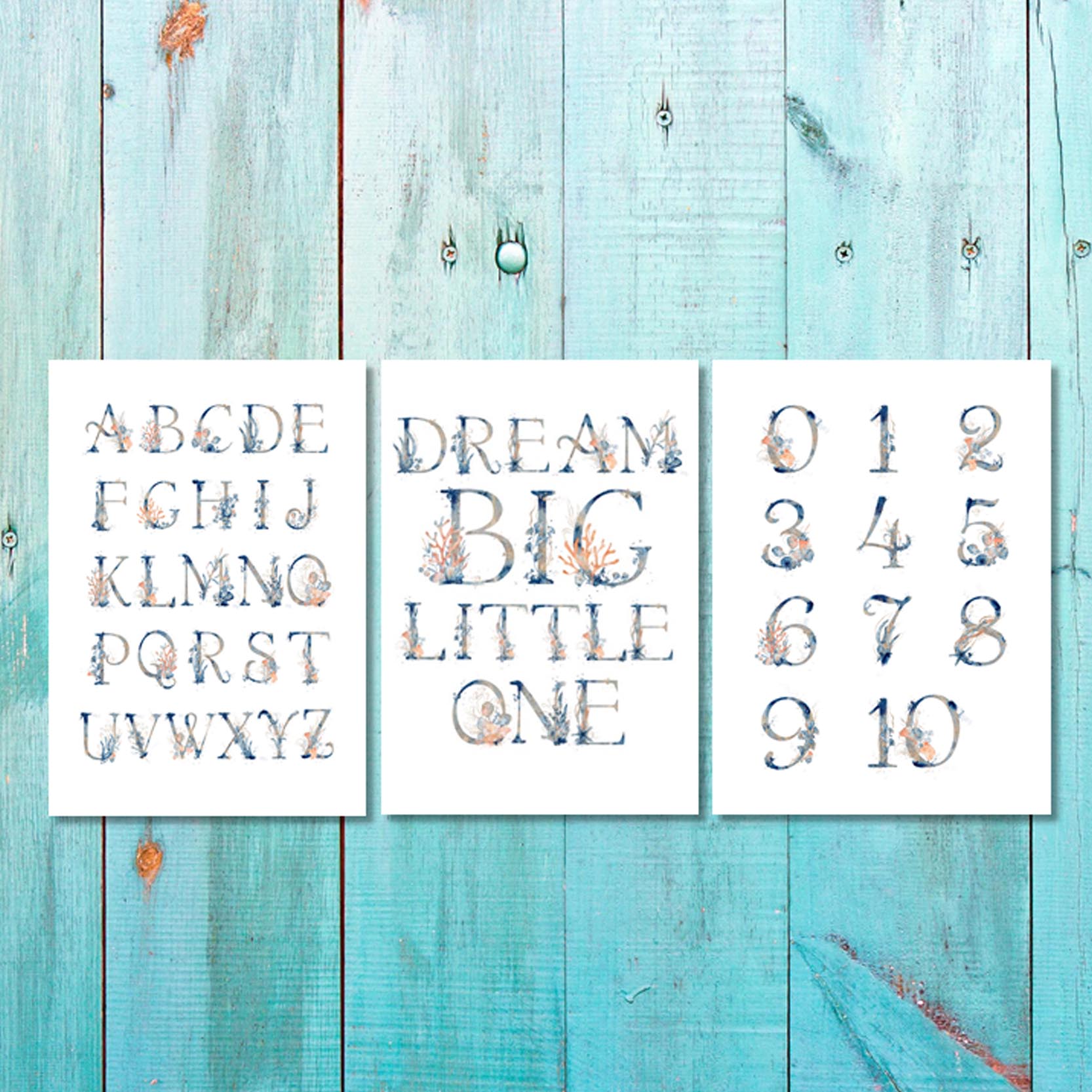 Unisex: Set of 3 - Under the sea watercolor Alphabet & Numbers Canvas & More 