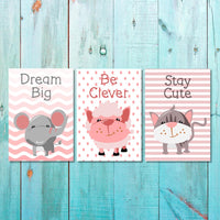 Girls: Set of 3 - Dream Big Elephant - Be Clever Sheet - Stay Cute Cat Canvas & More 