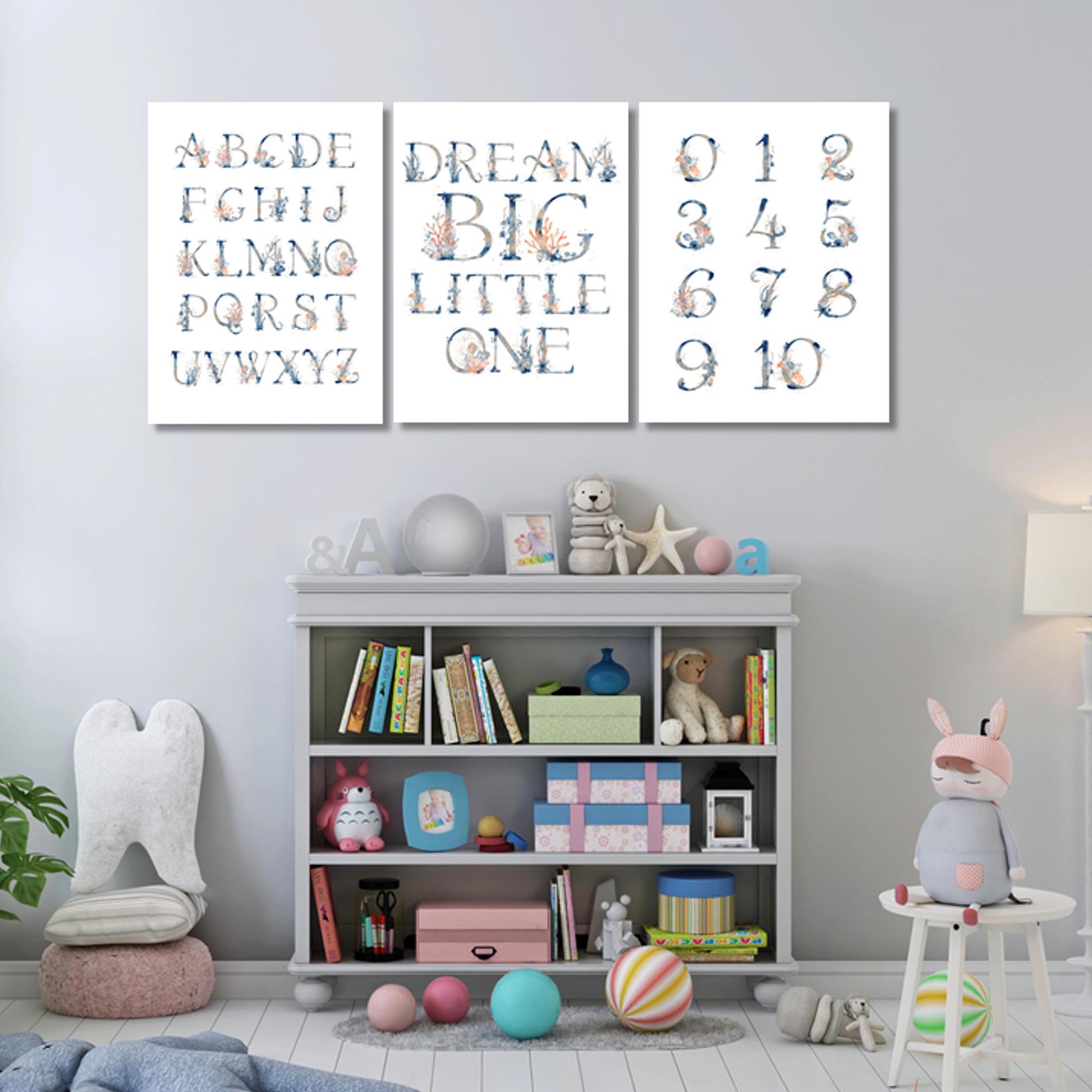Unisex: Set of 3 - Under the sea watercolor Alphabet & Numbers Canvas & More 